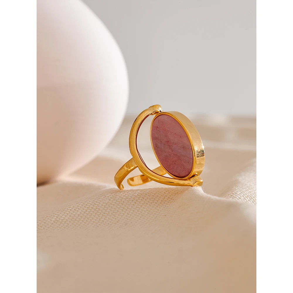 Yhpup Exclusive Natural Stone Shell Rotatable Open Ring France Exquisite Stainless Steel Unique Jewelry for Fashionable Women