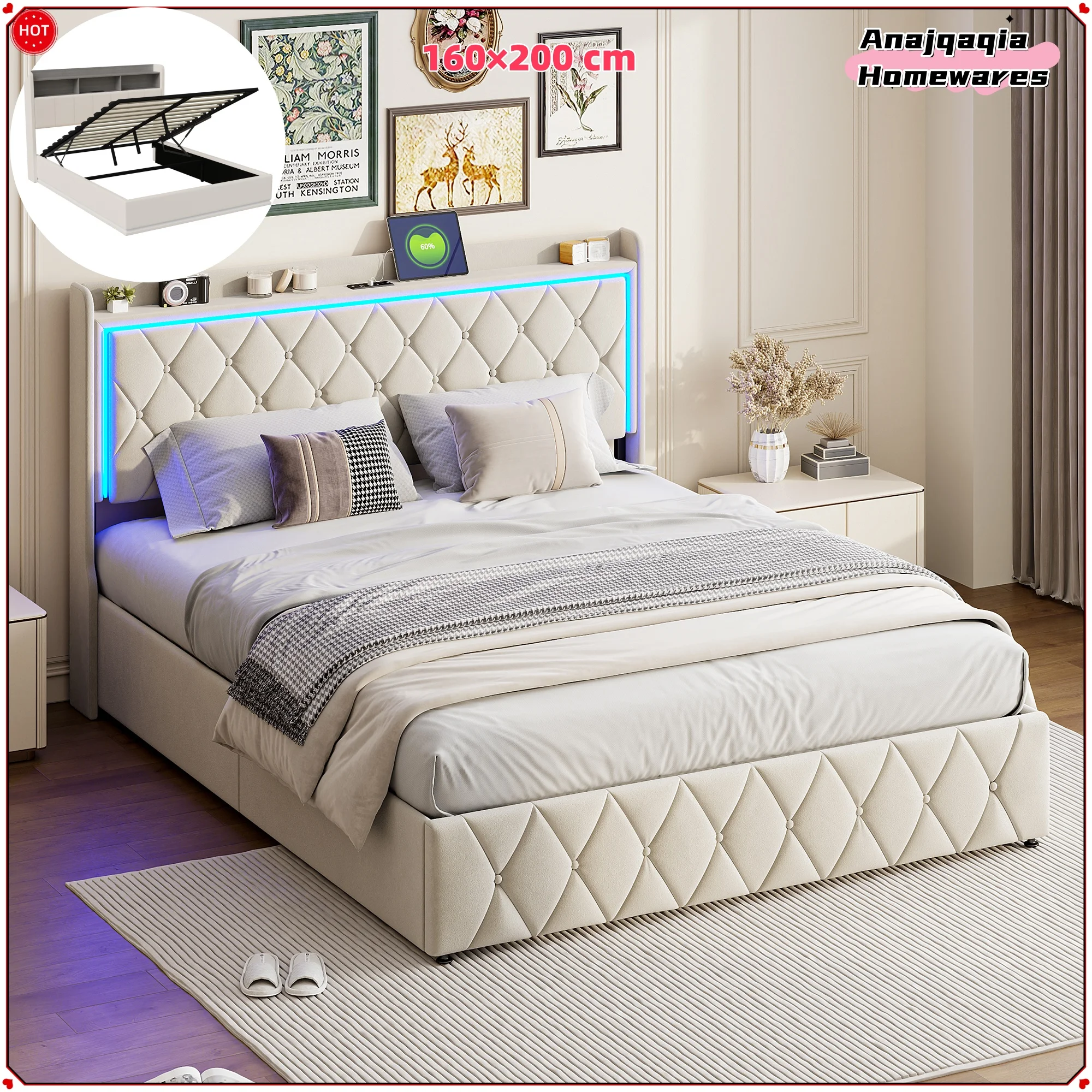 Anajqaqia Letto matrimoniale imbottito 160×200 cm con 2 porte USB-C e testiera luminosa a LED, rete a doghe in legno, velluto, beige