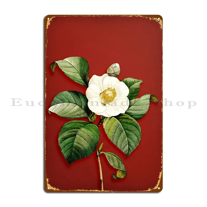 Japanese Camellia On Red Metal Sign Plaques Design Club Bar Printed Club Tin Sign Poster