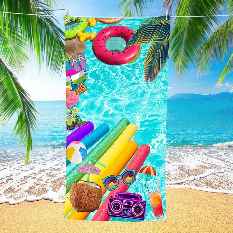 Summer Pool Party Collage Beach Towels Swimming Circle Coconut Radio Retro Summer Quick Drying Bath Towels