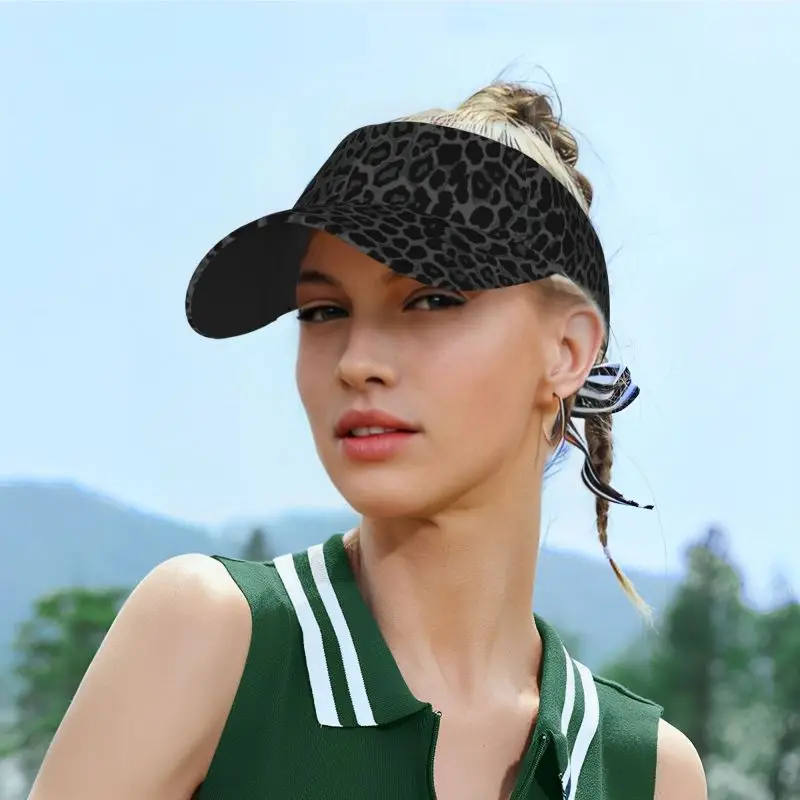 Black Leopard Print Sports Sun Visor Hats Men Women Lightweight Packable Cooling Empty Top Visor Hat for Running Tennis Golf view 4