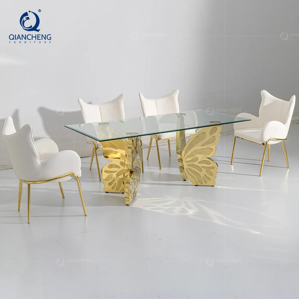 nordic new style luxury ss dinning room table and 6 chairs with metal gold legs stainless base glass dining table