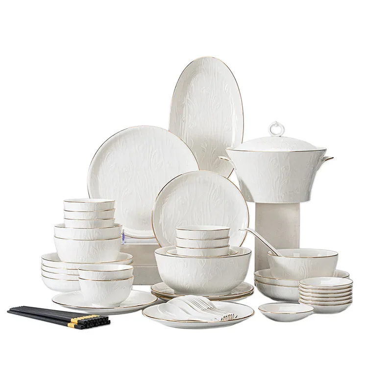 Underglaze colored dishes, tableware, pure white relief dishes, rice dishes