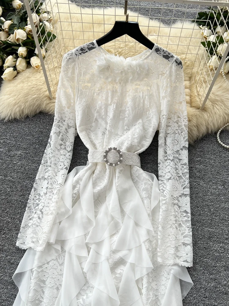 เดรสยาวลายดอกไม้พิมพ์ลายหรูหราสำหรับผู้หญิง ทรงเอไลน์ชายระบาย ผ้าโพลีเอสเตอร์ เอวสูง เหมาะสำหรับฤดูร้อน