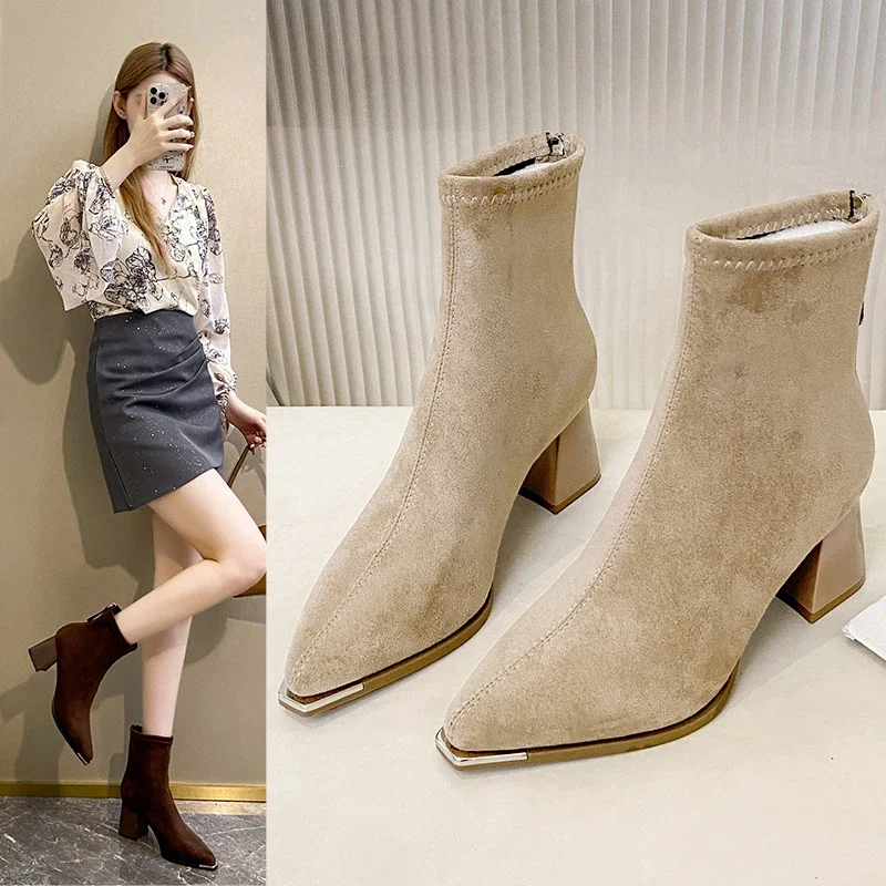 

Fashion Pointed Toe Suede Single Boots 2026 New Temperament Block Heel Fashion Boots Booties Women