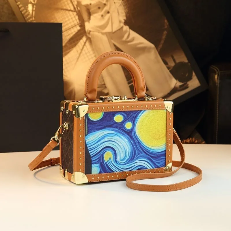 

Personalized Graffiti Box Bag Women's New Rivet Lock Crossbody Bag Portable Dinner Shoulder Bag