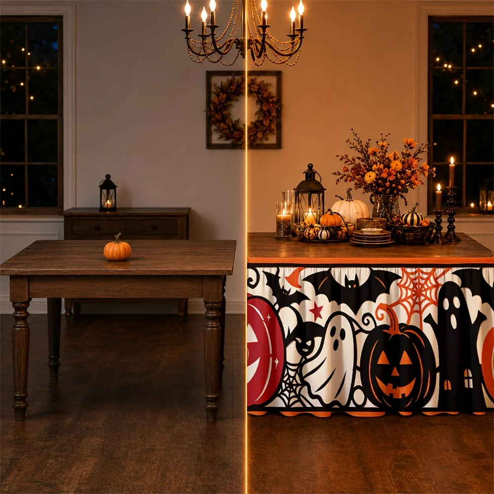 Halloween-themed tablecloth, decorated with terrifying pumpkins, ghosts, bats and spider webs.zyc