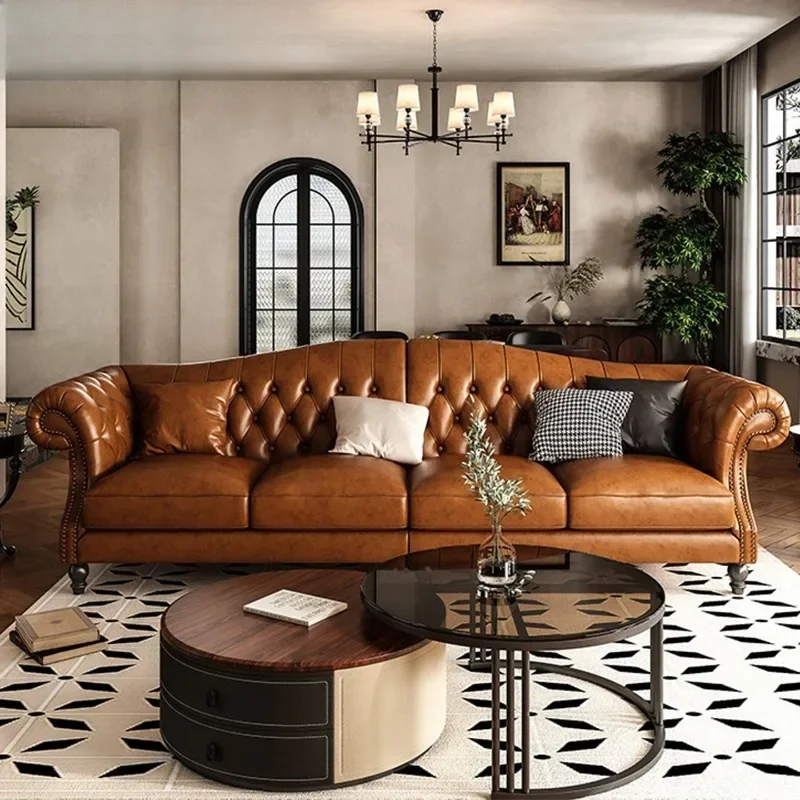 American leather sofa retro buckle three people, solid wood living room hotel furniture