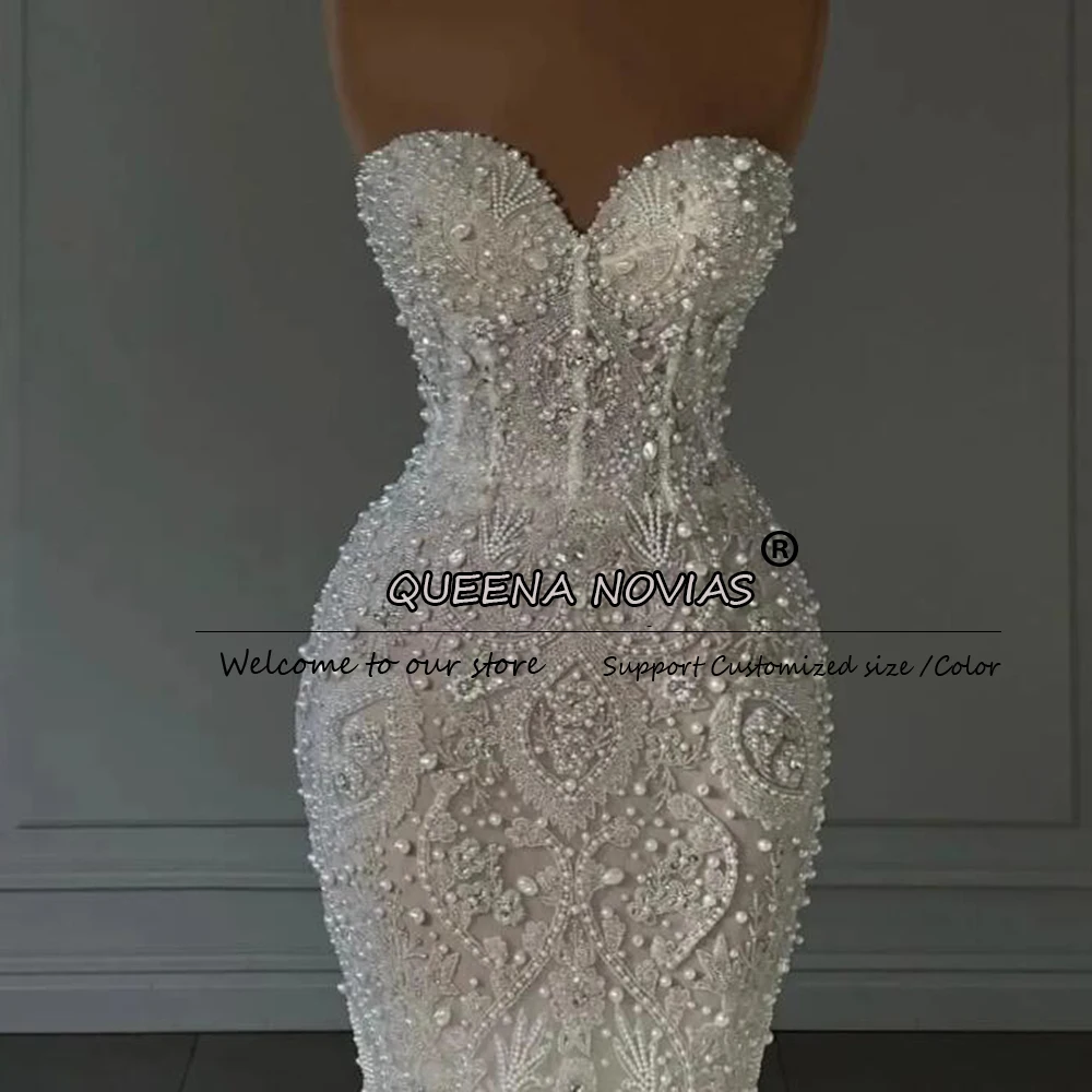 우아한 진주 장식 머메이드 웨딩드레스 스트랩리스 웨딩드레스 아플리케 비즈 장식 맞춤형 민소매 신부 드레스 베스티도 노비아스