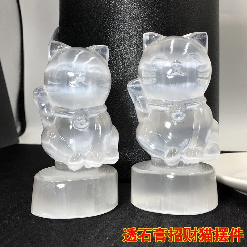 Natural Morocco Selenite Lucky Cat Carving, Hand Polished Crystal Cat Figurine, Charging Stone, Home Desktop Decor Gift