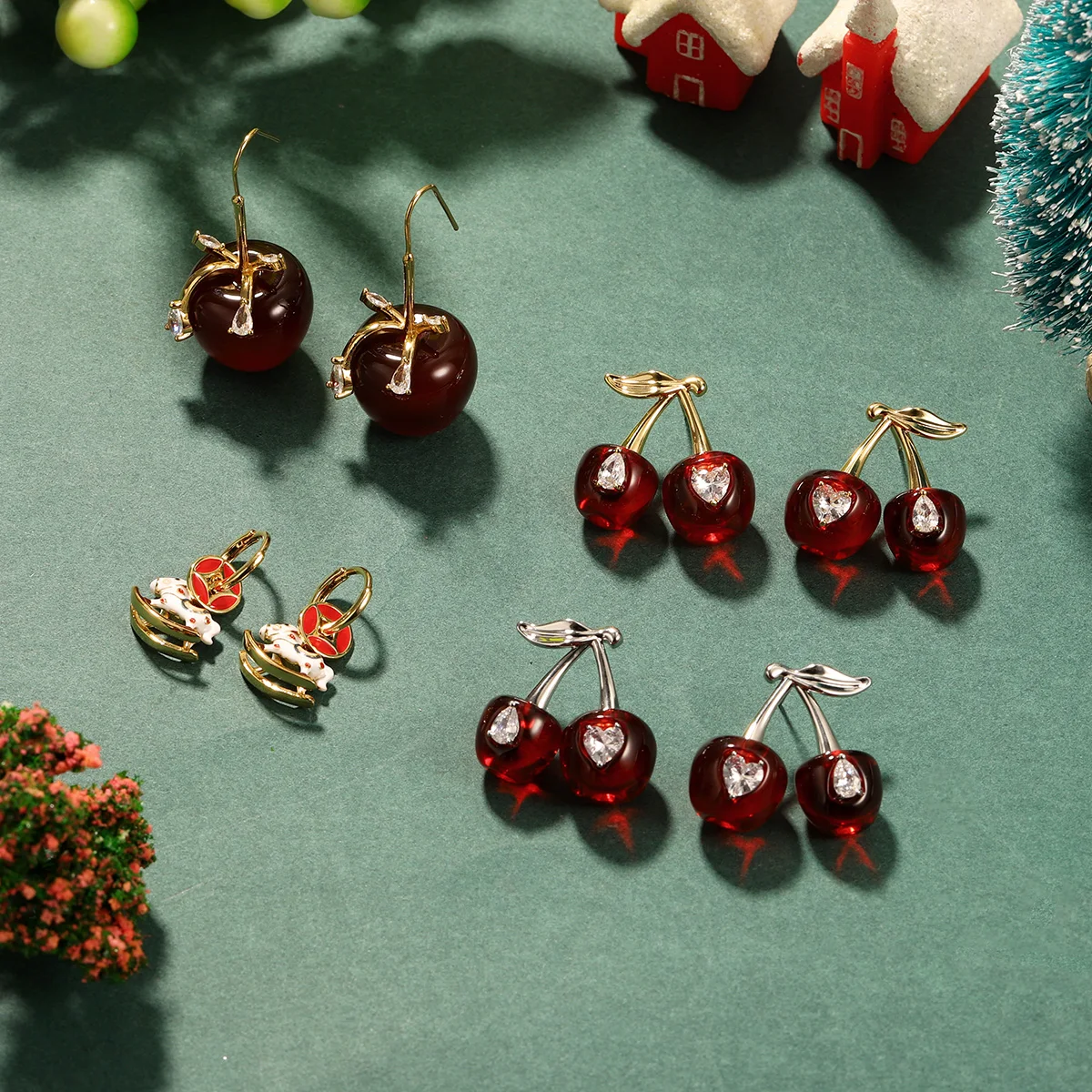 

Cute Christmas Rocking Horse & Cherry Earrings Collection - Festive Enamel Fruit Stud Hoop Dangle Jewelry for Women Girls