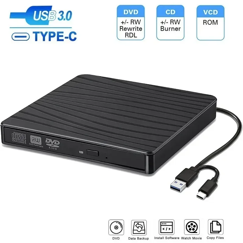 USB 3.0 Type C Portable DVD CD+/-RW External Burner Optical Drive ROM Disk Reader For Laptop PC Desktop MacBook iMac Windows11