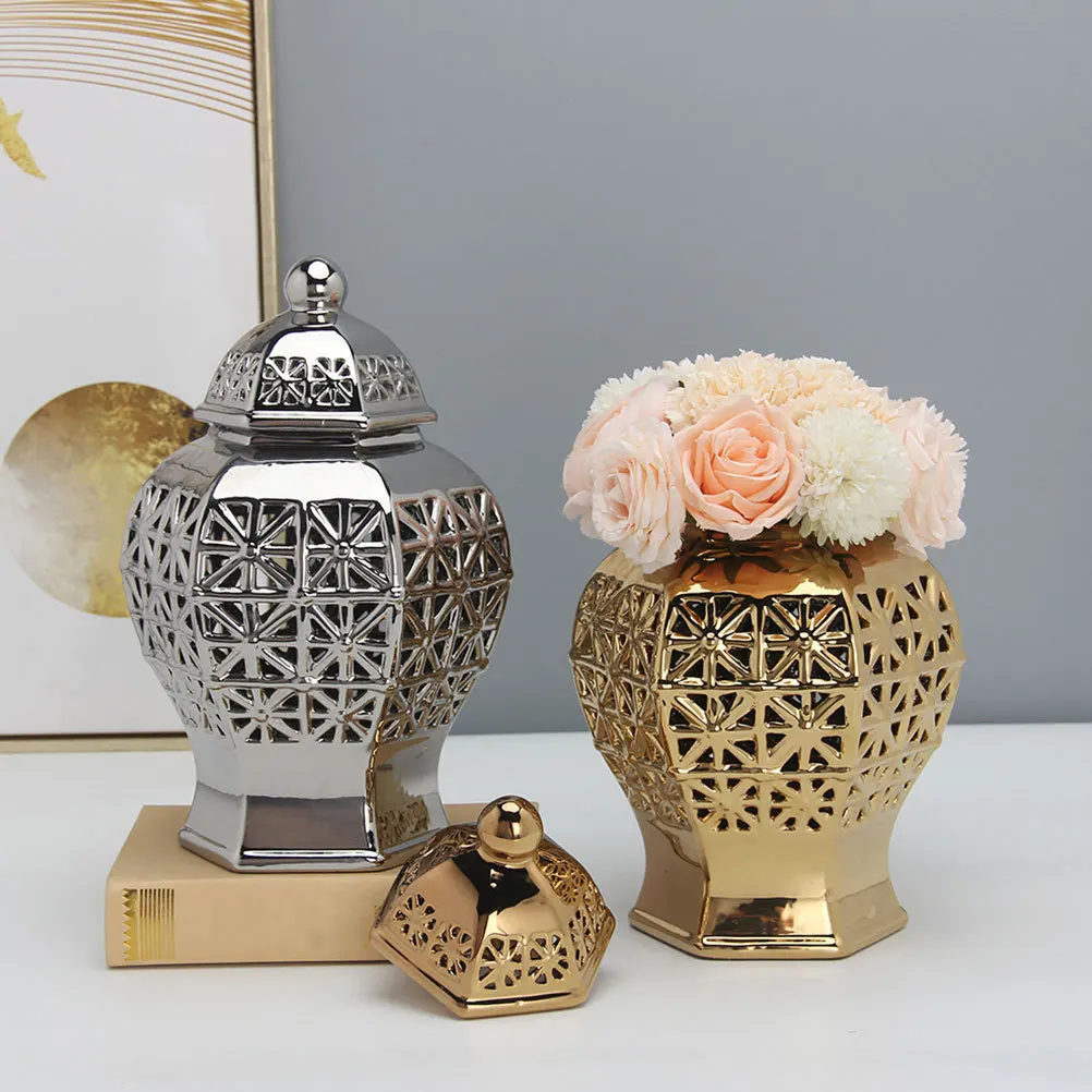 

Ceramic Flower Vase Golden Hollow Out Jar for Plant Arrangement Tabletop Ornament Wedding Party Decor Vintage Style Home