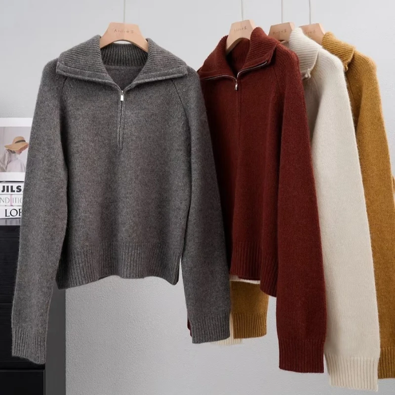 

New Autumn Winter Solid Color Chic Knitwear Korean Knitted Women Tops Casual Long Sleeved Half Zipper Pullover Cozy Sweater
