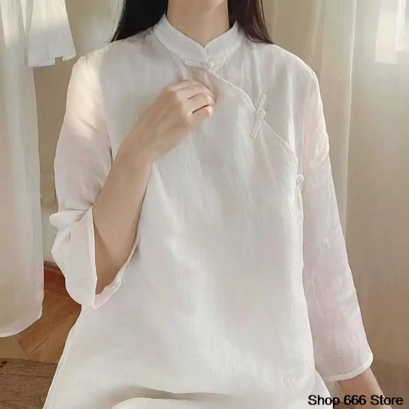 Średniej długości bawełniana pościel Chiński tradycyjny top damski Damska koszula retro Luźna koszula damska w jednolitym kolorze Hanfu Cheongsam Qipao