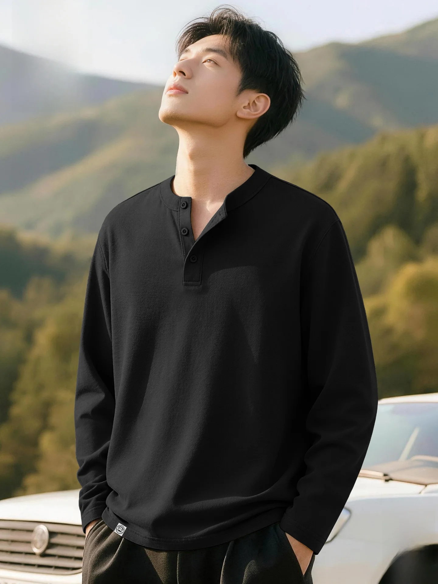 

Мужская футболка с длинным рукавом и воротником хенли, свободного кроя, весенняя, повседневная, из смесового хлопка и полиэстера, антибактериальная, с принтом