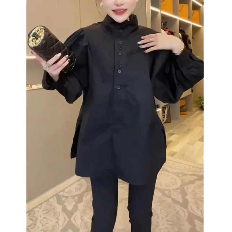 

2025 Spring New Shirt Solid Color Versatile Collar Puff Sleeve Mid-Length Long Sleeve Shirt