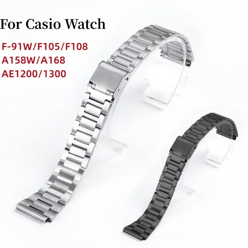 Watch Band for Casio F-91W 18mm Stainless Steel Strap for F105 F108 A158W A168 AE1200 AE1300 Replacement Watchstrap Metal Band