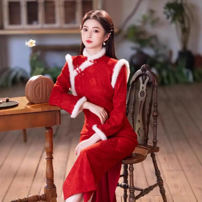 

Традиционное китайское Ципао бордовое жаккардовое китайское свадебное платье невесты Cheongsam осень-зима новое плотное женское восточное платье