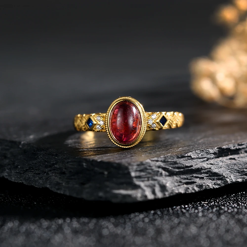 18k gold plated luxury ring paired with natural crystal garnet women's ring for engagement and wedding 925 silver jewelry gift