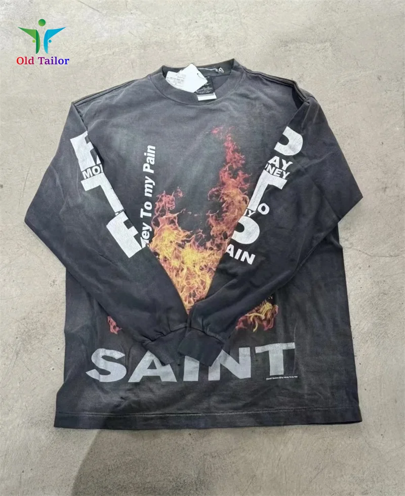 

Saint New Trendy Flame Washed Long Sleeve T-Shirt 24ss Vintage High Quality Ripped Round Neck Mens Womens Tee Tops