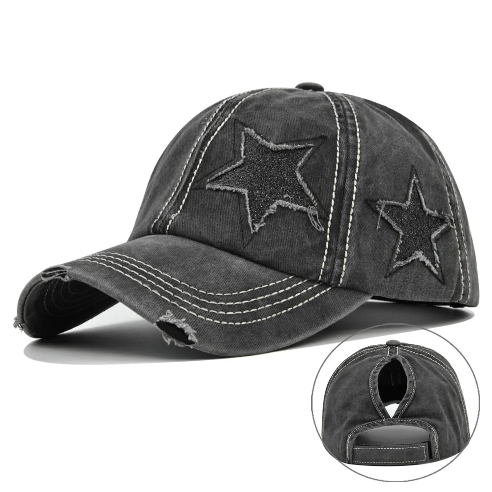 2024 New High Ponytail Baseball Cap for Women Snapback Hat Bone Hip Hop Adjustable Distressed Star Dad Hats Casquettes Femmes