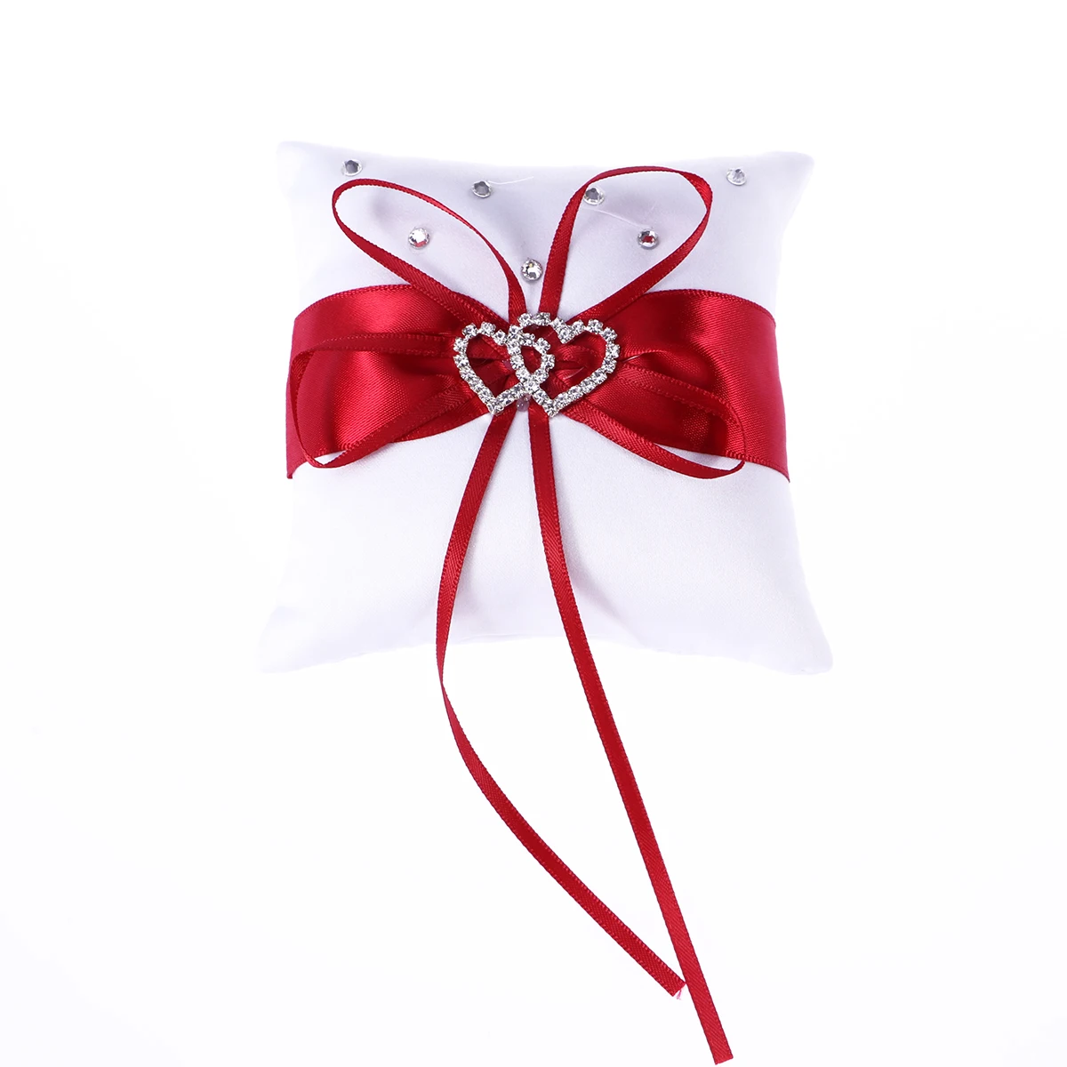 

Wedding Bearer Pillow 10x10cm Double Heart Buckle Satin Ribbons Sparkling Rhinestones Compact Lightweight Red