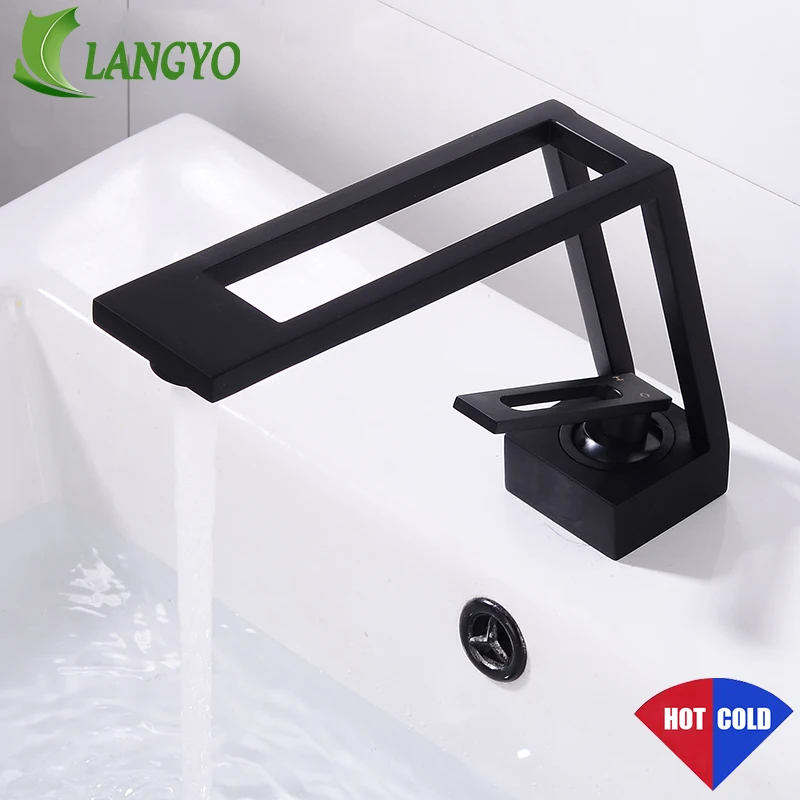 

LANGYO New Hollow Design Cold and Hot Brass Black Basin Faucet Mixer Deck Mounted Single Handle Bathroom Tap BR-2018A111