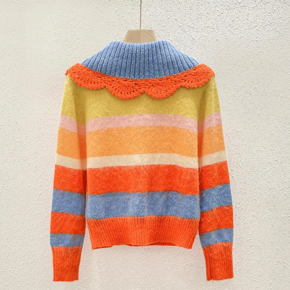 Doll Collar Colorful Striped Doll Collar Sweet Sweater Women Retro Fashionable Pullovers High Quality Knitted 2024 Spring New