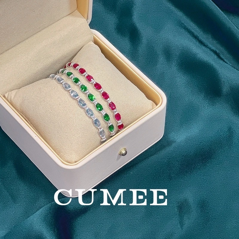 CUMEE 925 Sterling Silver Bracelet for Women Gemstone Ruby Sapphire Red Green Bracelet 18K Gold Plating