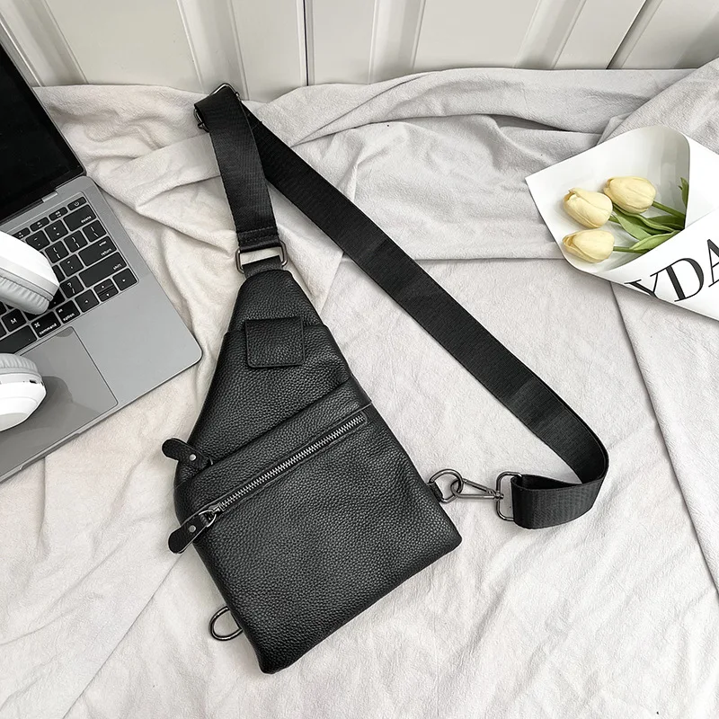 Men's cowhide chest bag, multi-layered business irregular-shaped crossbody bag, genuine leather men's single shoulder bag