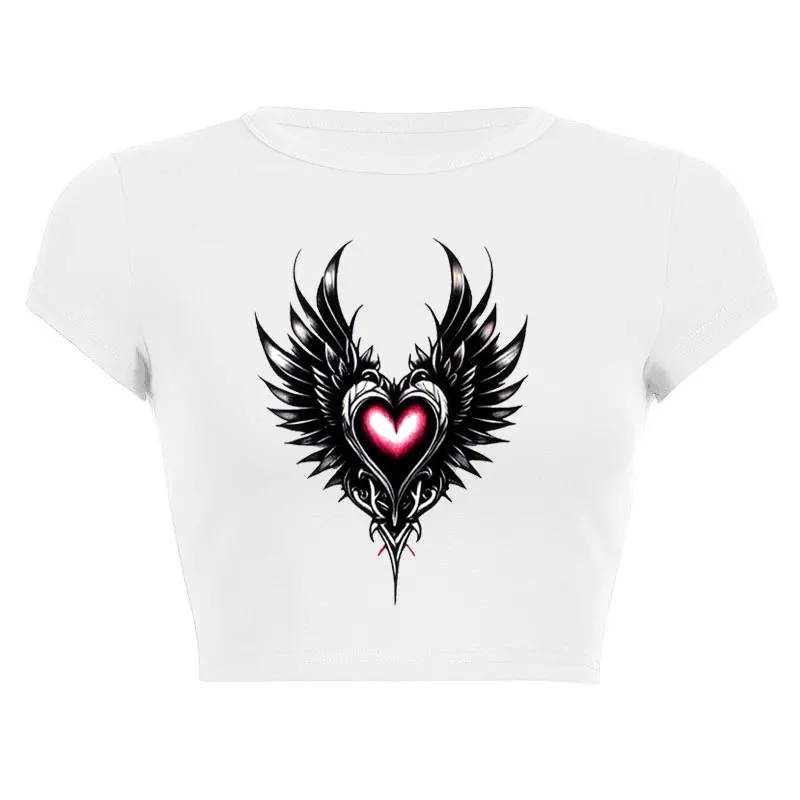 Summer outfit Magic Heart Wings Flying Print Pattern Short Sleeve O Neck Sexy Cropped Navel Women Crop Tops Fashion T-Shirt