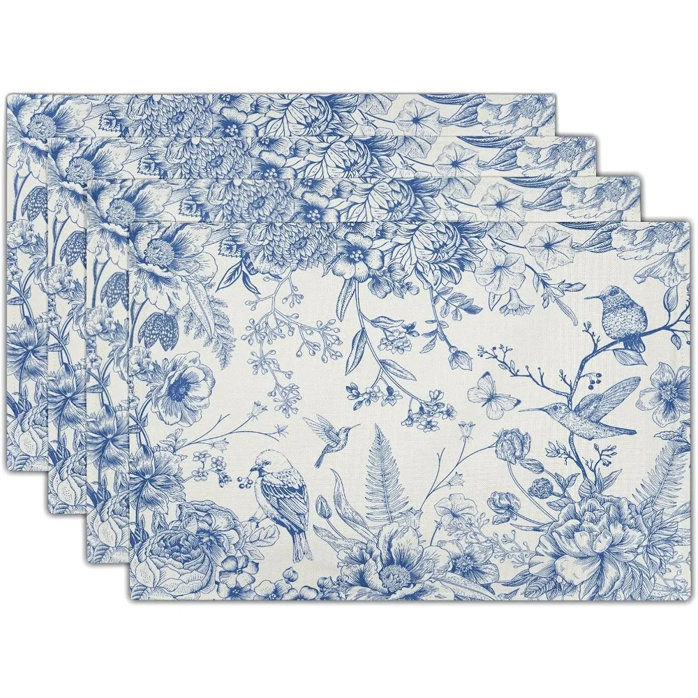

Chinoiserie Placemats Set Of 4,18X12 Inch Blue Birds Floral Porcelain Washable Heat Resistant Place Mats For Spring Summer Seaso