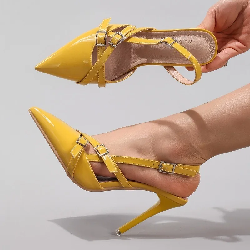 الصيف مثير براءات الاختراع والجلود أشار تو صندل كعب عالٍ المرأة أنيقة ضيق الفرقة مشبك تصميم أحذية خفيفة خنجر الصنادل #5