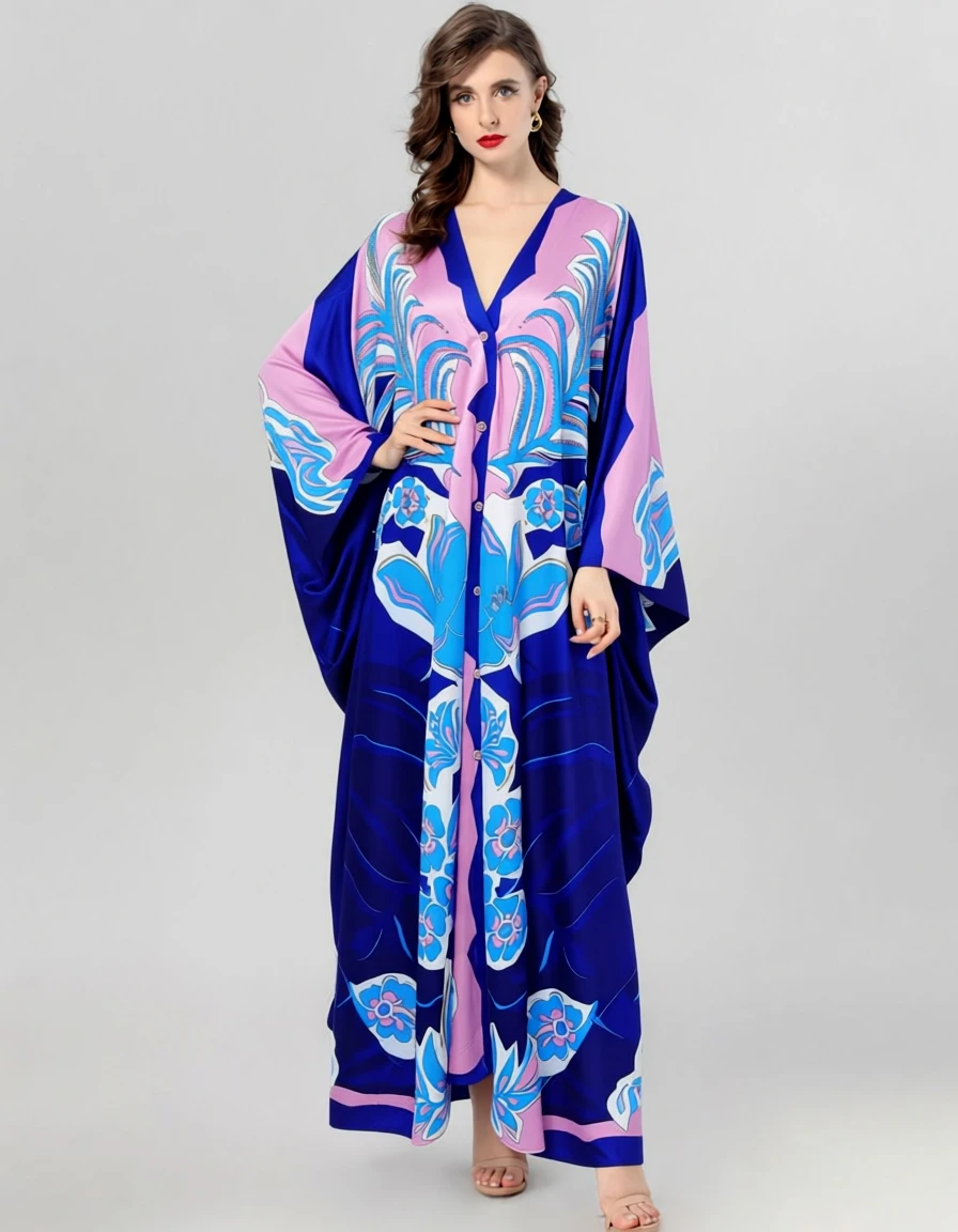 Abito lungo caftano floreale blu rosa da donna - Vestaglie da spiaggia estive con scollo a V e maniche lunghe, vestibilità ampia e fluida