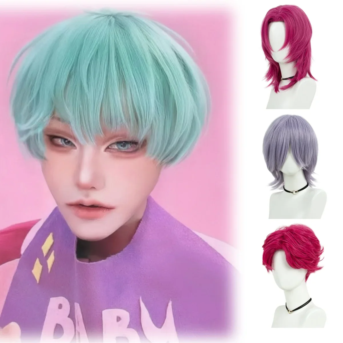 Jongen Pruik Romantiek Baby Secret Jinu Abby Pruik Roze GROEN Paars Zwart Synthetisch Haar Voor Anime Cosplay Halloween Kostuum