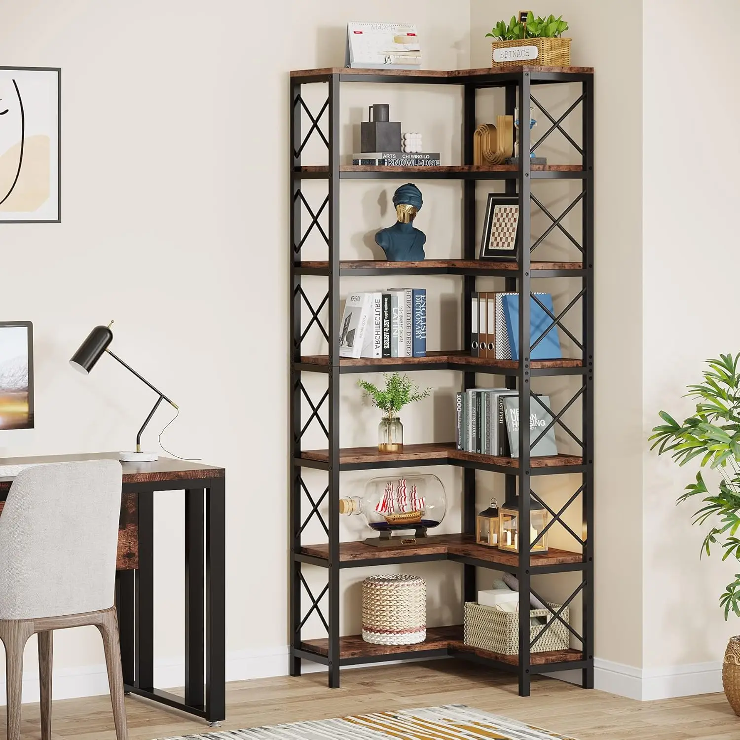 Grande estante de canto moderno, 7 andares Metal Frame, armazenamento Display Rack, adequado para salas e escritórios em casa