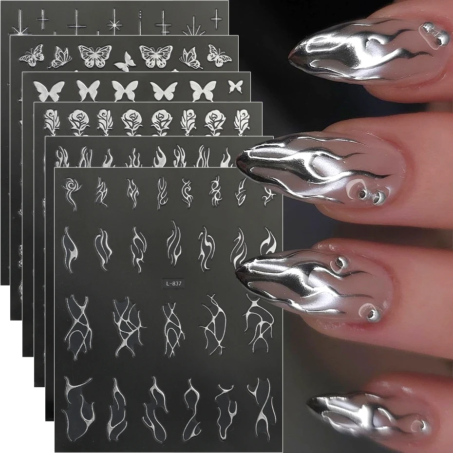 6 قطعة ملصقات أظافر فضية معدنية مجردة لهب النار الطوطم ضوء النجوم Y2K الشارات الربيع فراشة زهرة الورد لاصق ديكور #1