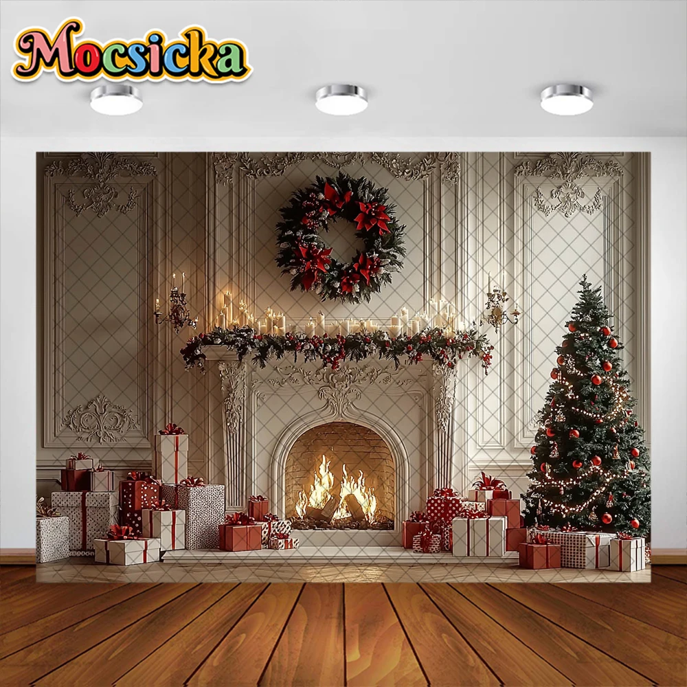 خلفية تصوير لغرفة الكريسماس ، مدفأة شجرة الكريسماس ، زخرفة إكليل الزهور ، خلفيات صور بورتريه ، مستلزمات الاستوديو ، الكبار والأطفال