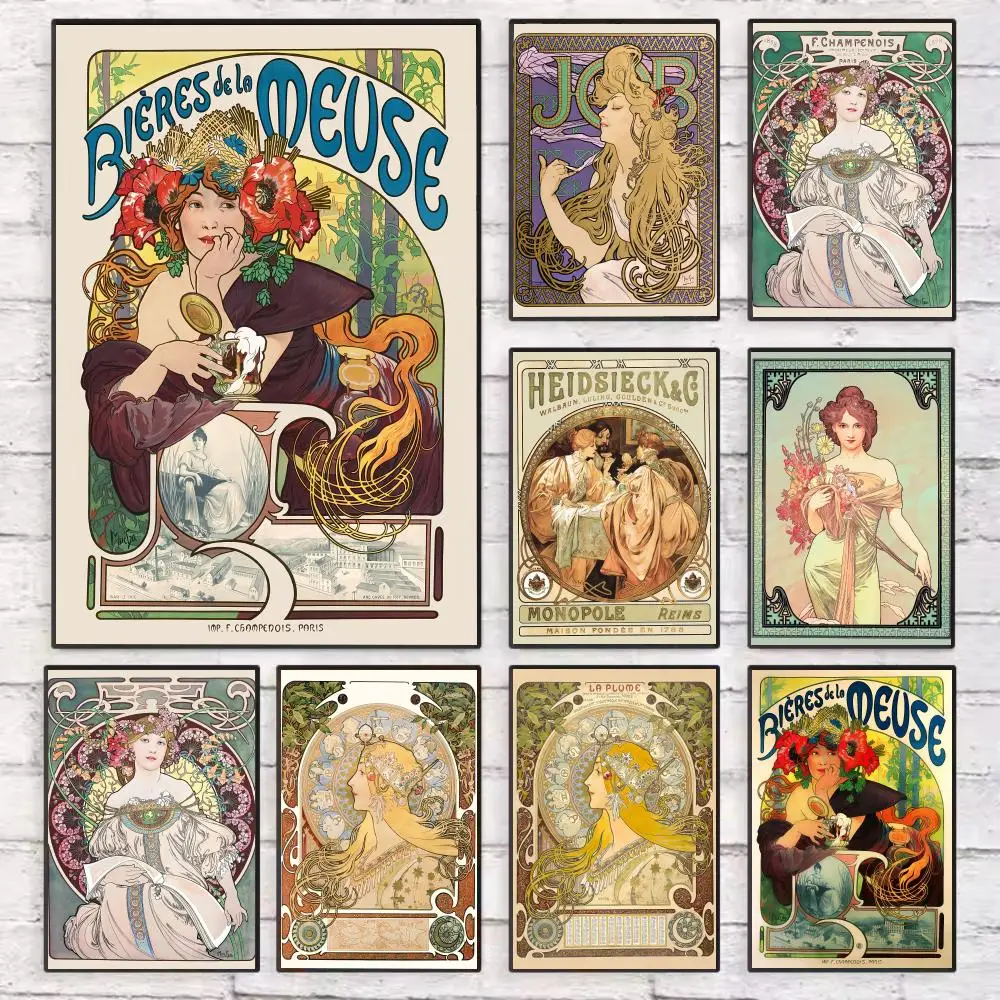 

A-Alphonse Mucha Vintage Illustration Poster Wall Art Sticky for Living Room Bedroom Office Hallway Bar Home Decor Gift Idea