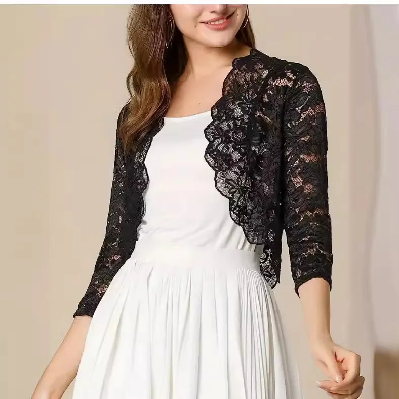 

2025 Women's Vest Short Collarless Cardigan Top Solid Color Elegant Lace Shirt