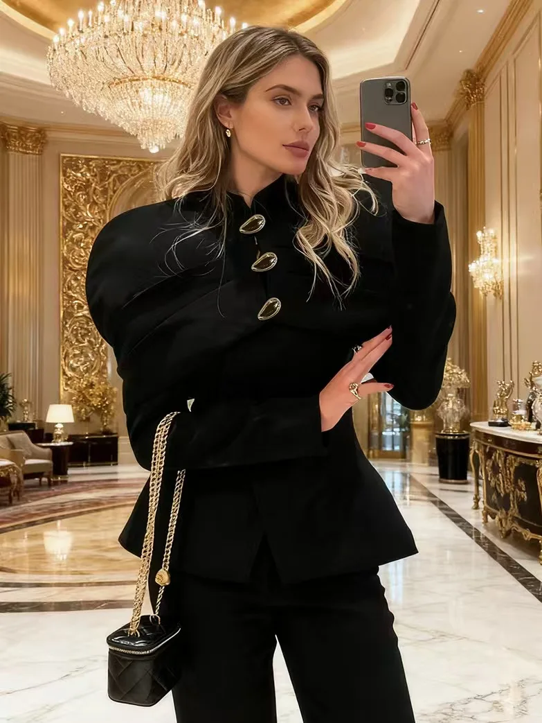 

Faionable Retro Bla Slim Fit Women's Jaet New Sle Small Fraance Sle Coat Versatile Sli Top for Ladies