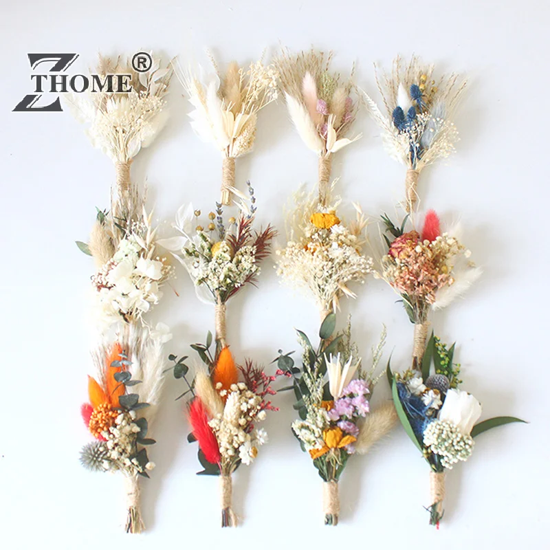 1pc Mini Natural Dry Flowers Bouquet Boutonnieres Groomsmen Buttonholes Bridesmaid Flower Corsage Brooch Christmas Wedding Decor