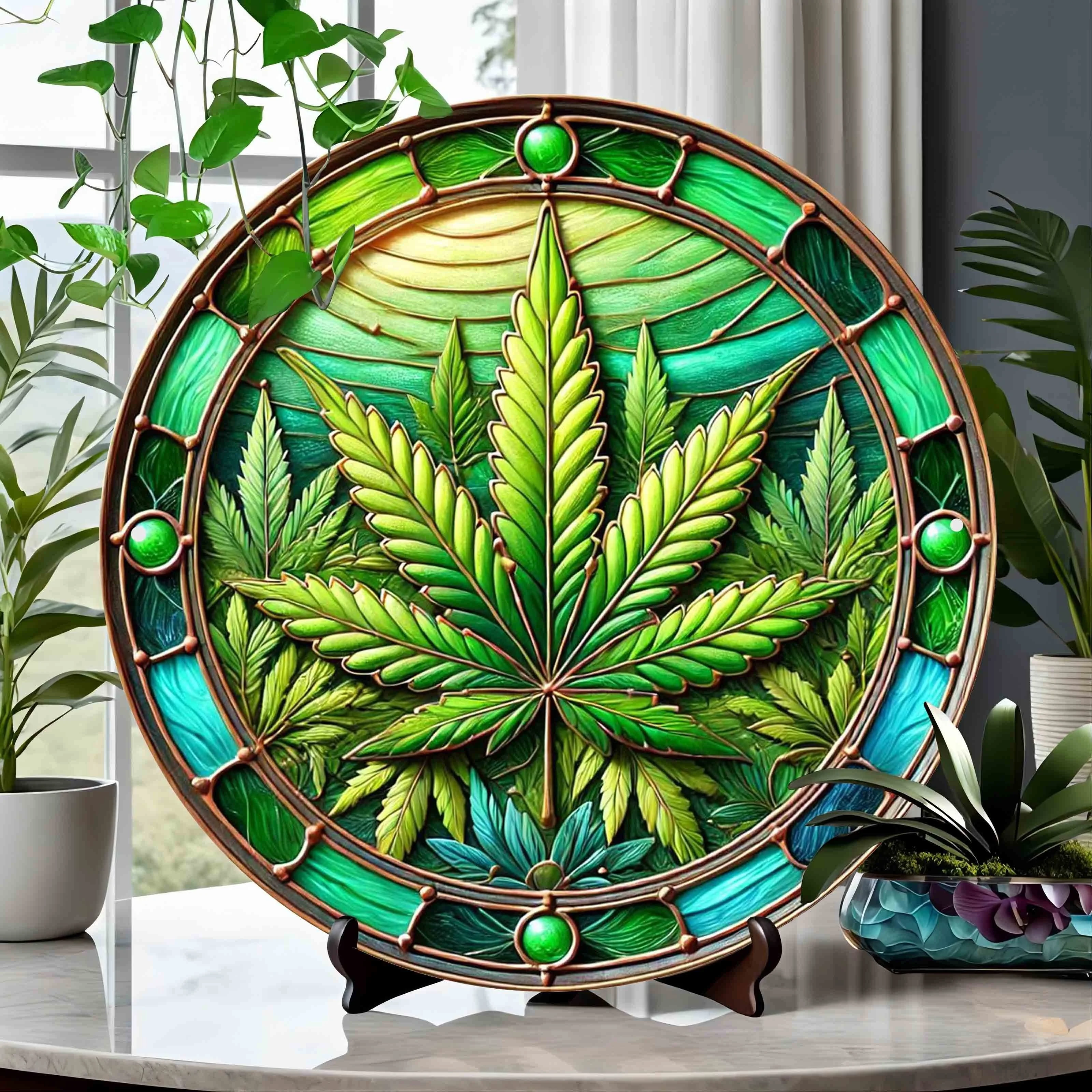 Aluminum Cannabis Leaf Foil Engraving Wall Art Poster | Tranquil Round 2D Artwork For Home, Bedroom, Living Room, Cafe Decor | A