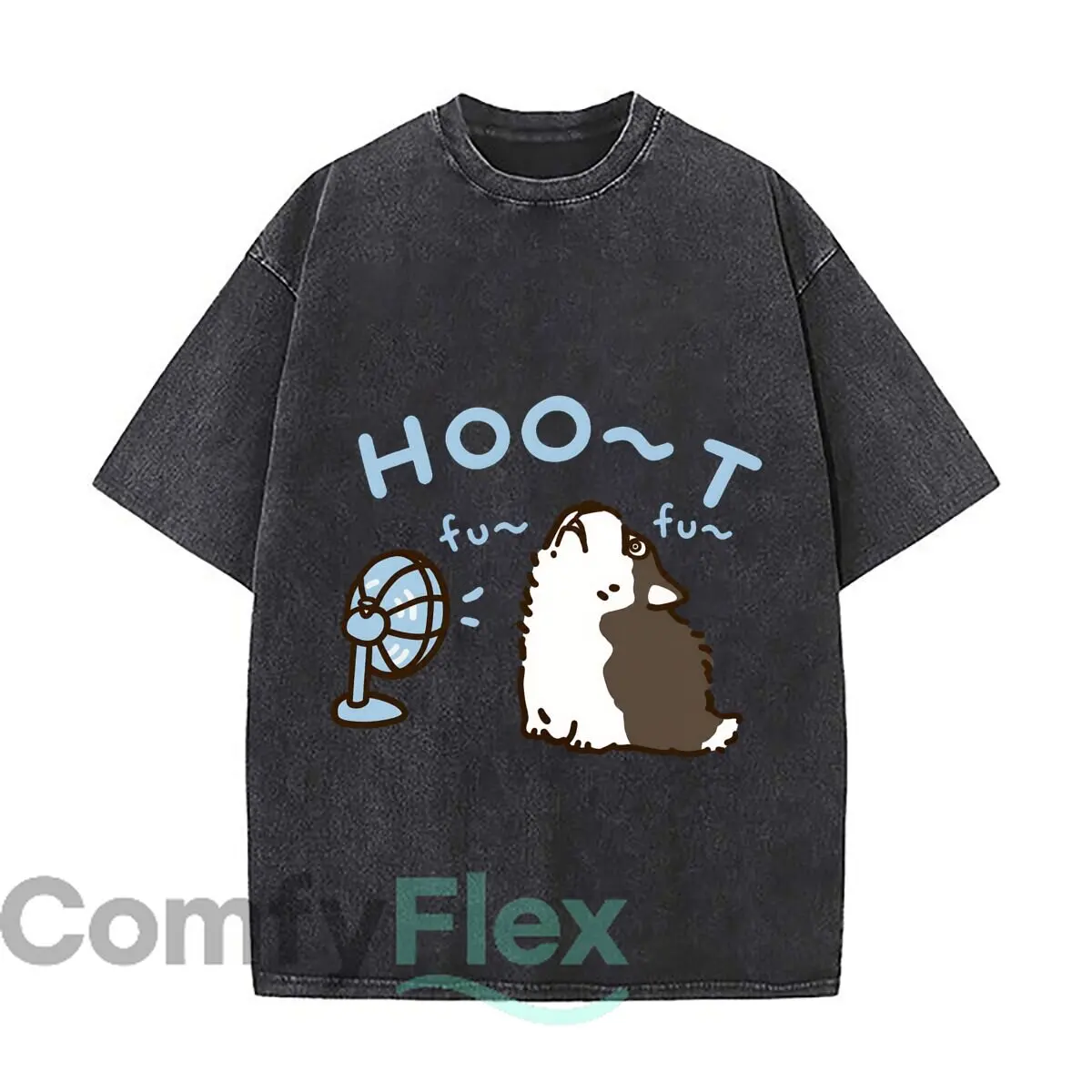 HOO T Fu Fu Blowing Wind Husky Fan Cartoon Washed Distressed Loose Streetwear Tops for City Walks