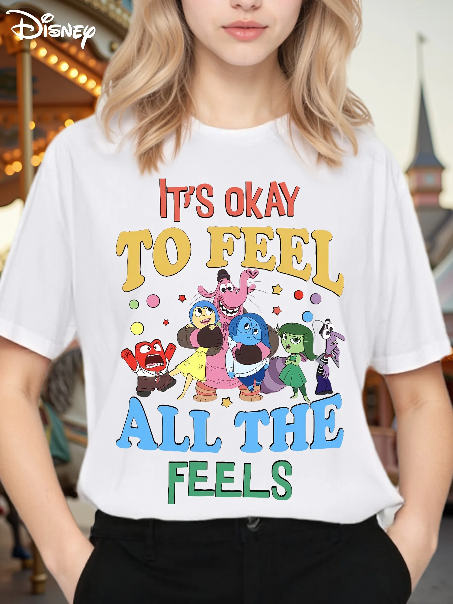 

Women's Disney Emotional Characters T-Shirt - 100% Friendly "It's Okay To Feel All The Emotions" Tee with Belle, Jasmine