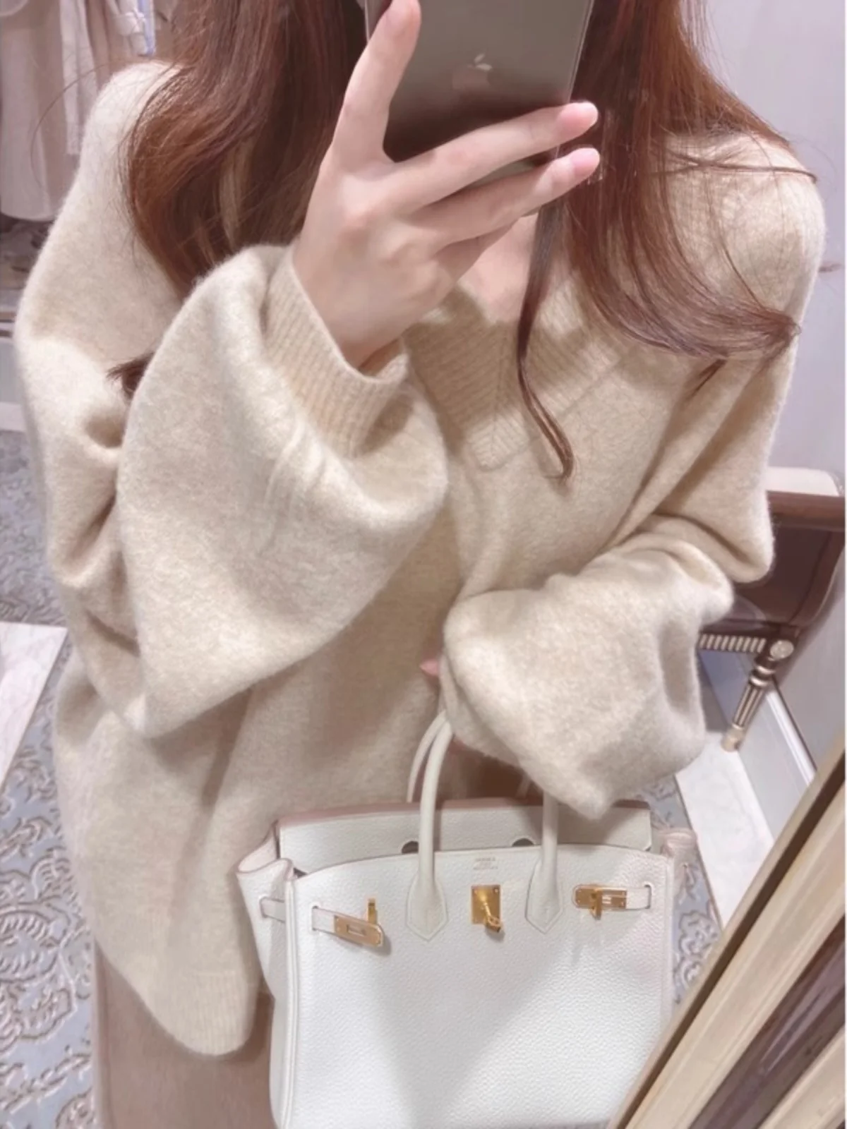 부드러운 티엔드 브이넥 여성 스웨터 루즈핏 아우터 니트 탑 파스텔 핑크 가을 겨울 편안한 레이지 스타일 캐주얼