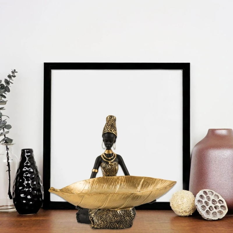 African Girl Exotic Figurine Resins Sculpture Storage Tray Traditional African Lady Statue Shelf for Living Room Dropshipping