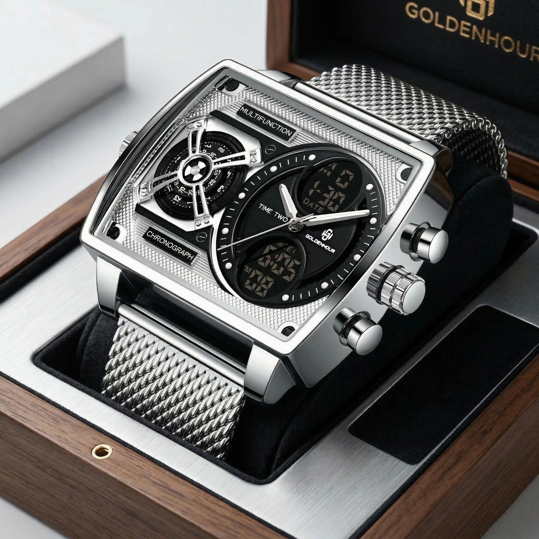 

Мужские часы GOLDENHOUR в индустриальном стиле, светодиодные, цифровые, аналоговые, с двойным временем, водонепроницаемые, кварцевые, роскошные, светящиеся