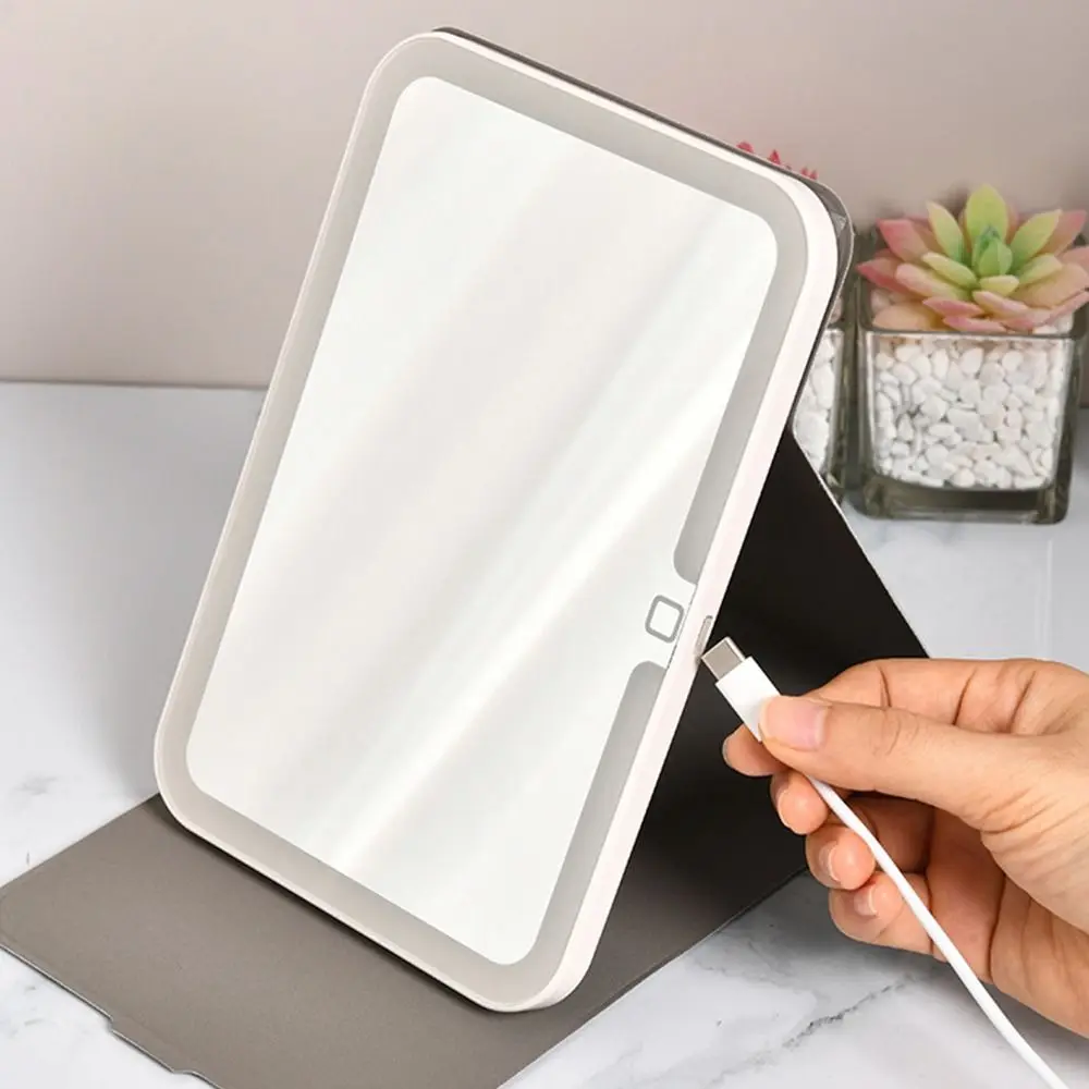 Foldable Fold Makeup Mirror Touch Screen Adjustable Light Cosmetic Mirrors Portable PU Leather Vanity Mirror Office